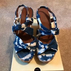 Blue and white tie dye wedge sandals
